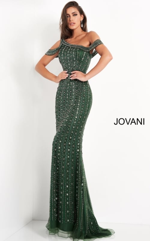 Front view of model in Jovani 03124 featuring a fitted silhouette and elegant bead detailing.