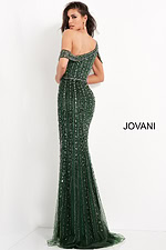 Back view of model in Jovani 03124 highlighting the off-the-shoulder design and flowy skirt.