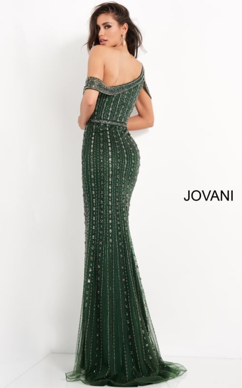 Back view of model in Jovani 03124 highlighting the off-the-shoulder design and flowy skirt.