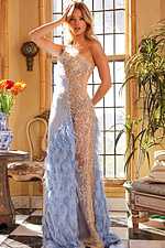 Model wearing Jovani 03389 blue gown with floral embellishments and feathers, back view.