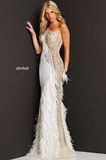 Model wearing Jovani 03389 white gown with floral embellishments and feathers, another front view.