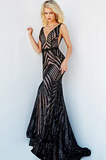 Front pose of model in Jovani 03570 black nude mermaid gown with elegant design.