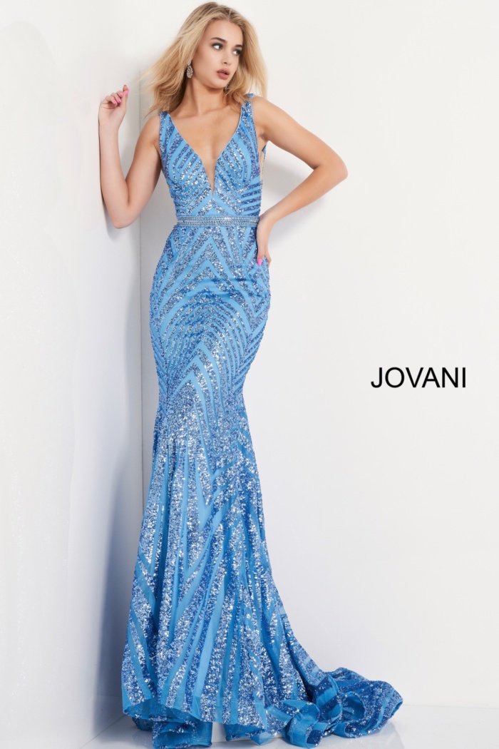 JOVANI サイド装飾ロングドレス♫ Jovani 03570 Light Blue Plunging Neck Sleeveless Prom Dress