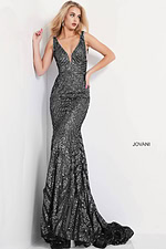Model showing the back view of Jovani 03570 light blue beaded gown.