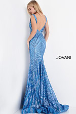 Back of model wearing Jovani 03570 light blue gown with a low-cut back design.