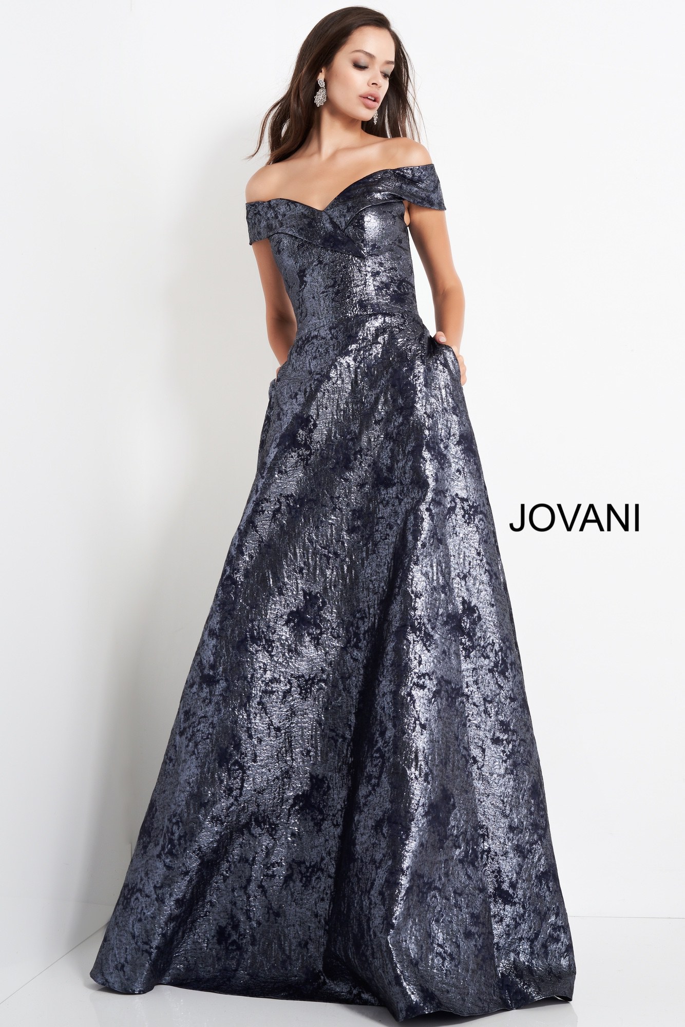 - john galiano necktie ,美しい紺色 Jovani 03674 Navy Metallic Off the Shoulder Evening Dress