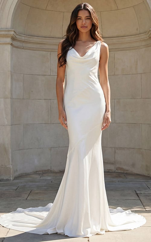 Model wearing a sleek satin gown with a draped cowl neckline and soft train.