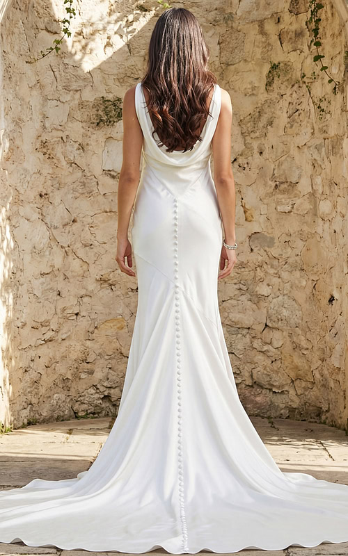 Back view of a fitted satin gown with draped cowl back, button detailing, and flowing train.