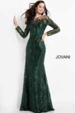 Front view of model in Jovani 03936 green gown showcasing intricate details.