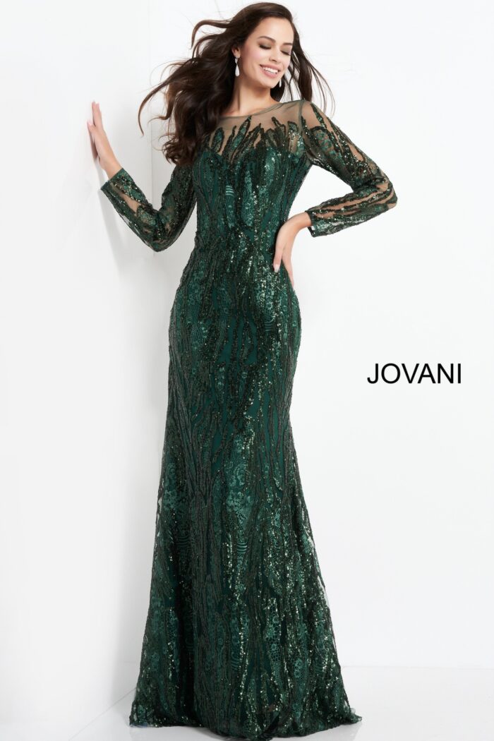 Front view of model in Jovani 03936 green gown showcasing intricate details.