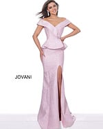 Model wearing Jovani 03944 pink gown with off-the-shoulder neckline and peplum waist