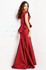 Model wearing Jovani 03944 burgundy gown showing back detail