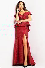 Model wearing Jovani 03944 burgundy gown with off-the-shoulder neckline and high slit