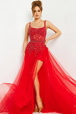 Model wearing Jovani 03954 red dress with scoop neckline and beaded bodice from the front.