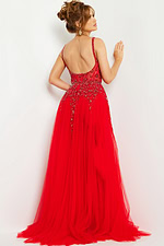 Model wearing Jovani 03954 red dress showcasing the low cut back.