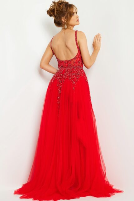 Model wearing Jovani 03954 red dress showcasing the low cut back.