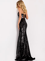 Black sequin gown with deep V neckline and thigh slit 48508