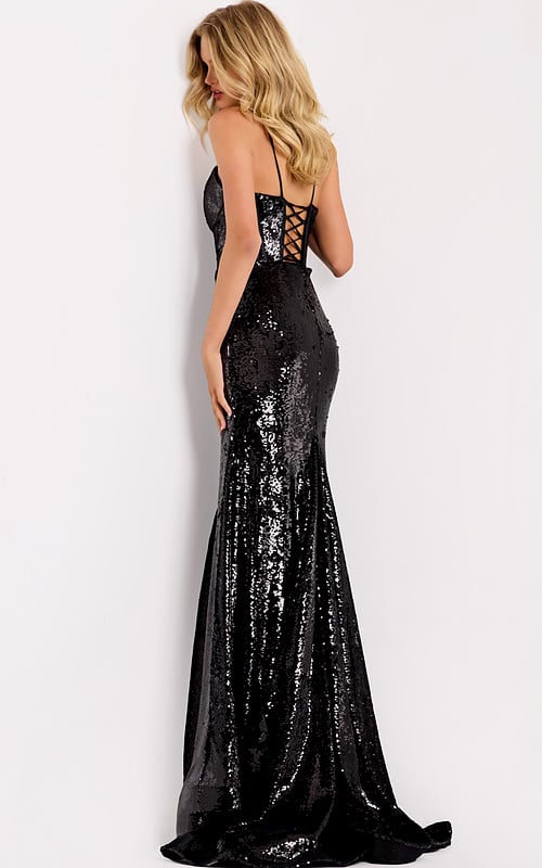 Black sequin gown with deep V neckline and thigh slit 48508
