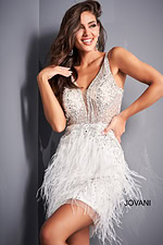 model wearing Jovani 04042 off-white dress featuring open back and feather details