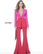 Model in Jovani 04184 red and fuchsia outfit featuring a tailored jacket and wide-leg pants.