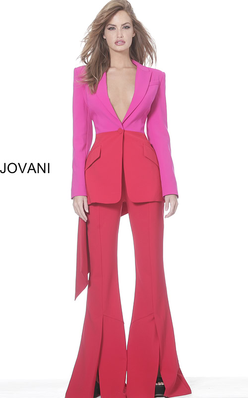 Model in Jovani 04184 red and fuchsia outfit featuring a tailored jacket and wide-leg pants.