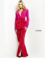 Model wearing Jovani 04148 suit with red and fuchsia tones, front view.