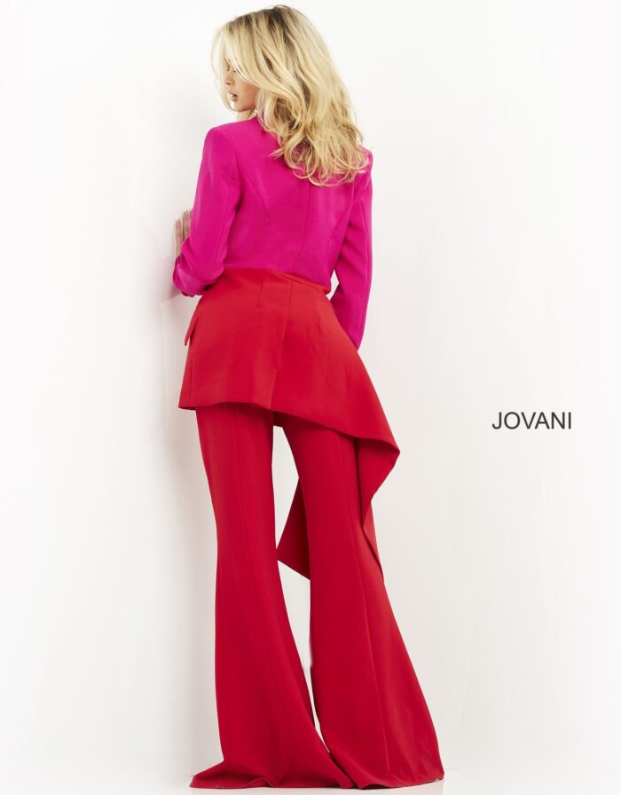Back view of model in Jovani 04184 highlighting the tailored fit and wide-leg silhouette.