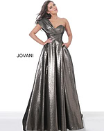 Model wearing Jovani 04170 brown metallic A-line gown front view