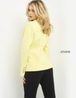 Model wearing Jovani 04171 yellow blazer, back view.
