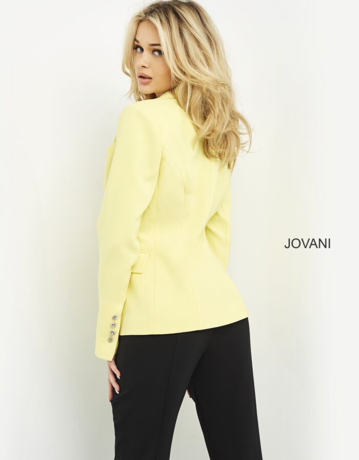 Model wearing Jovani 04171 yellow blazer, back view.