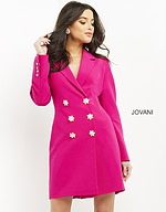model wearing Jovani 04172 fuchsia blazer dress side profile with floral buttons