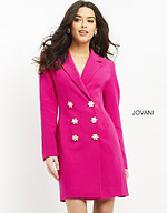 model wearing Jovani 04172 fuchsia blazer dress front view with floral buttons
