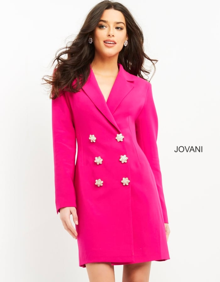 model wearing Jovani 04172 fuchsia blazer dress front view with floral buttons