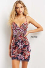 Jovani 04194 multicolored dress with V-neckline and intricate sequined patterns.