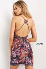 Back view of Jovani 04194 multicolored dress showcasing open back details.