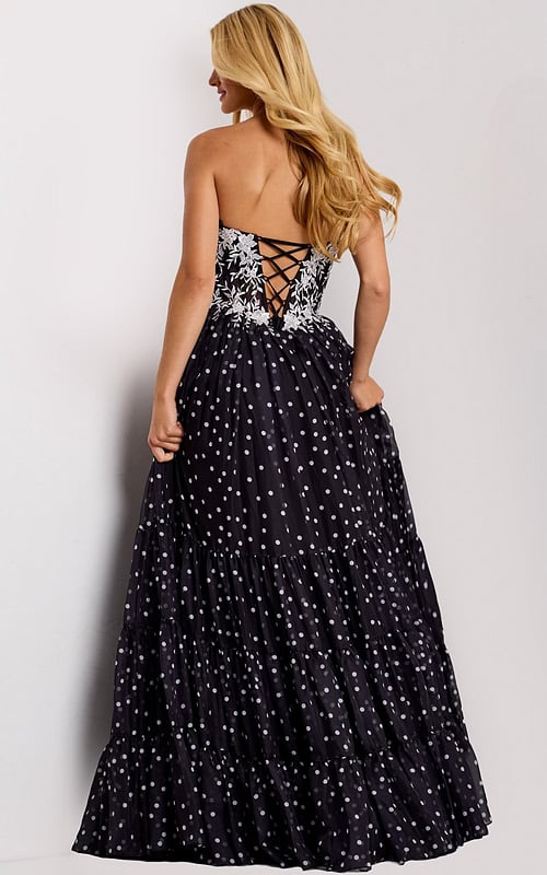 Black polka dot gown with tiered skirt 49086