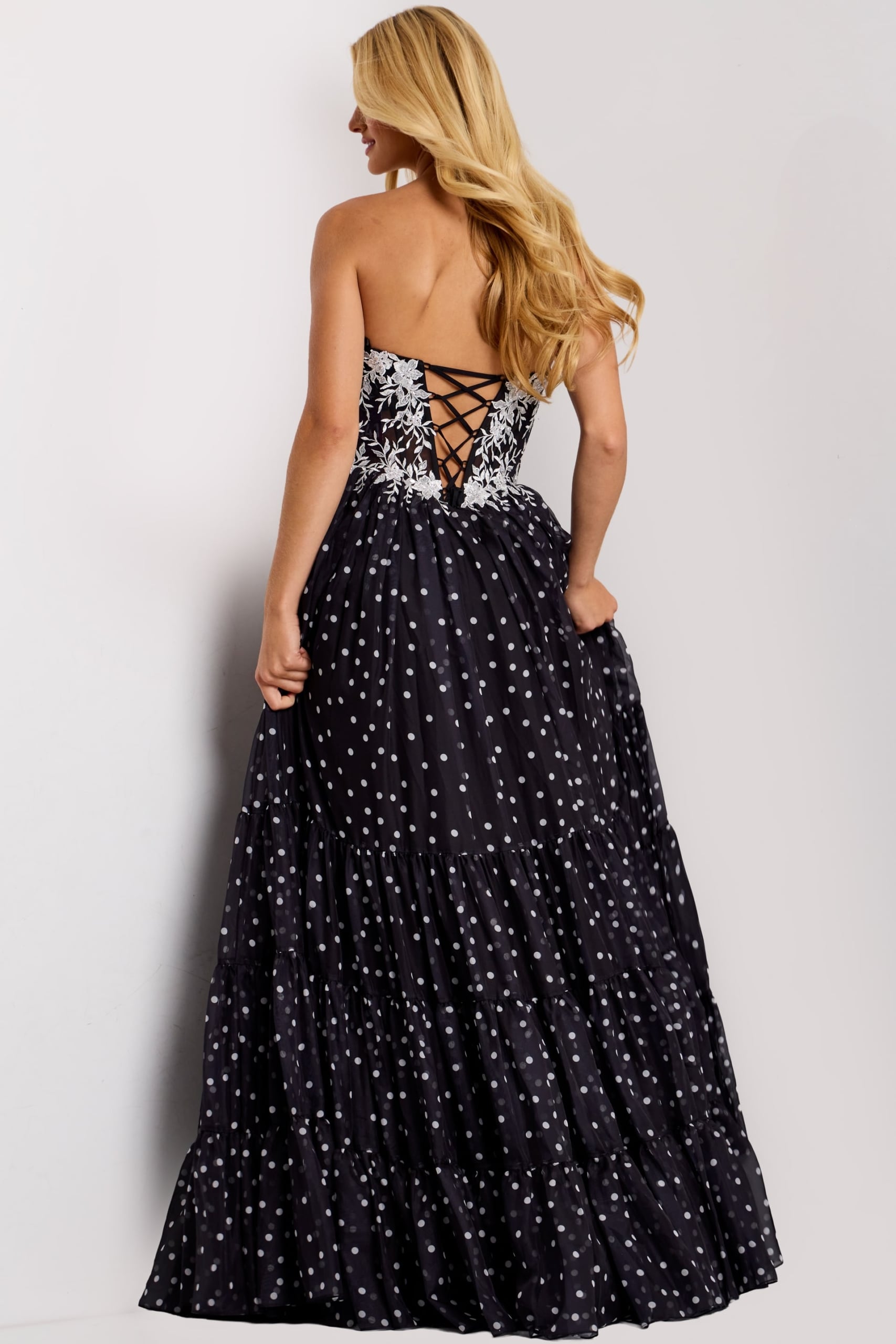 Black polka dot gown with tiered skirt 49086
