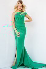 Jovani 04222 green dress, front angle highlighting neckline and slit.