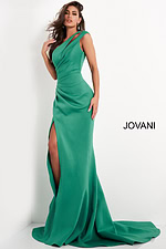 Model in Jovani 04222 green dress front view, angled to display slit.
