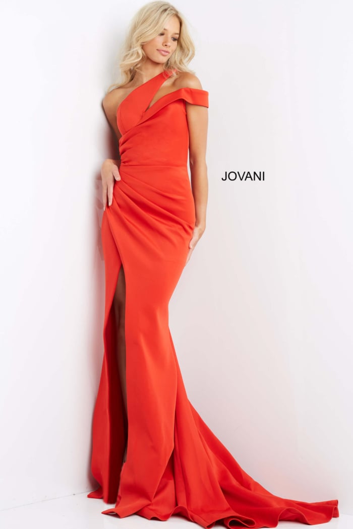 Model wearing Jovani 04222 Tomato Scuba Elegant Gown