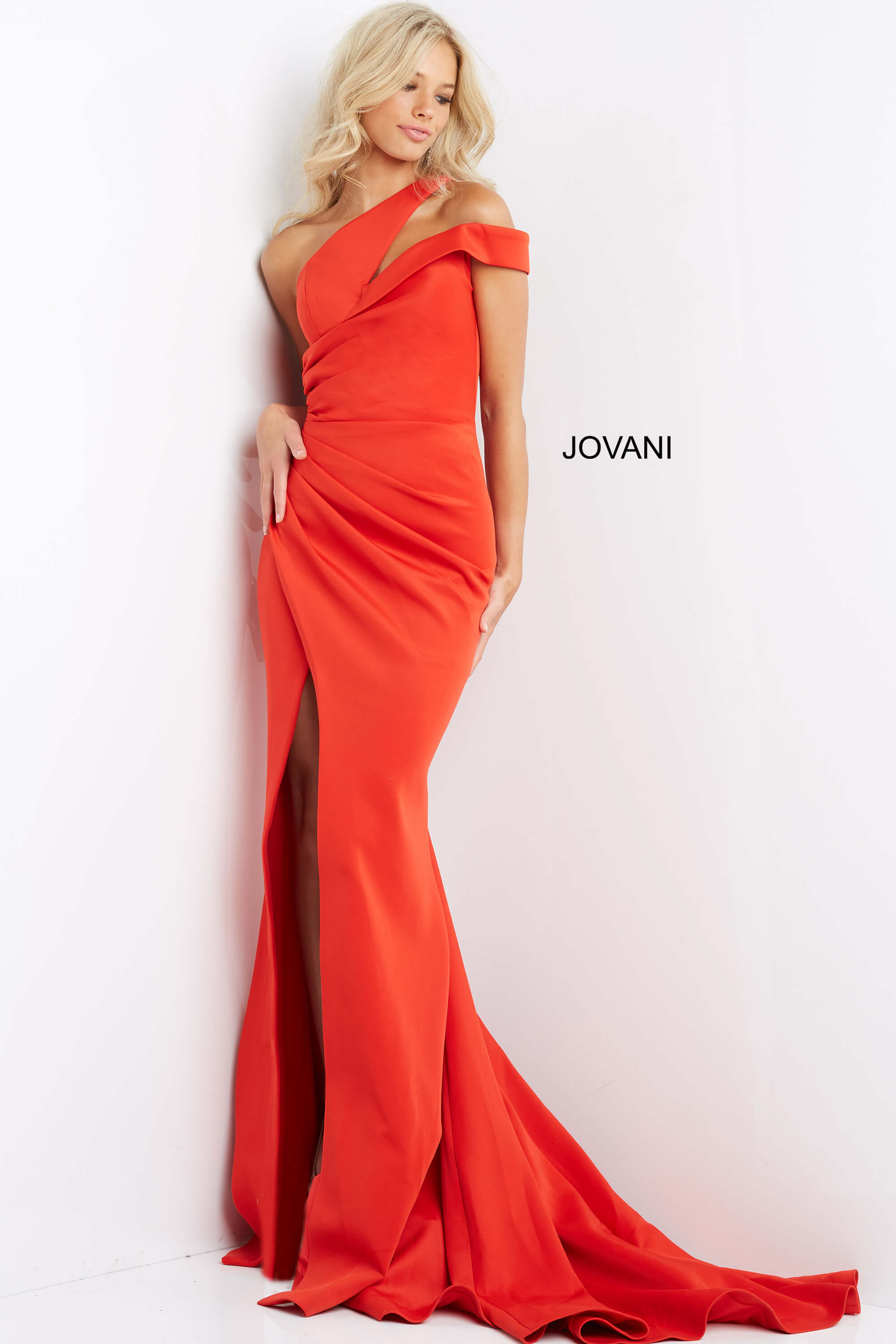 Model wearing Jovani 04222 Tomato Scuba Elegant Gown