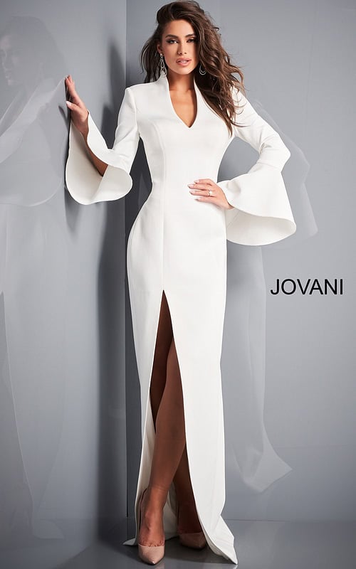 Model wearing Jovani 04240 white gown with V-neckline and flared sleeves.