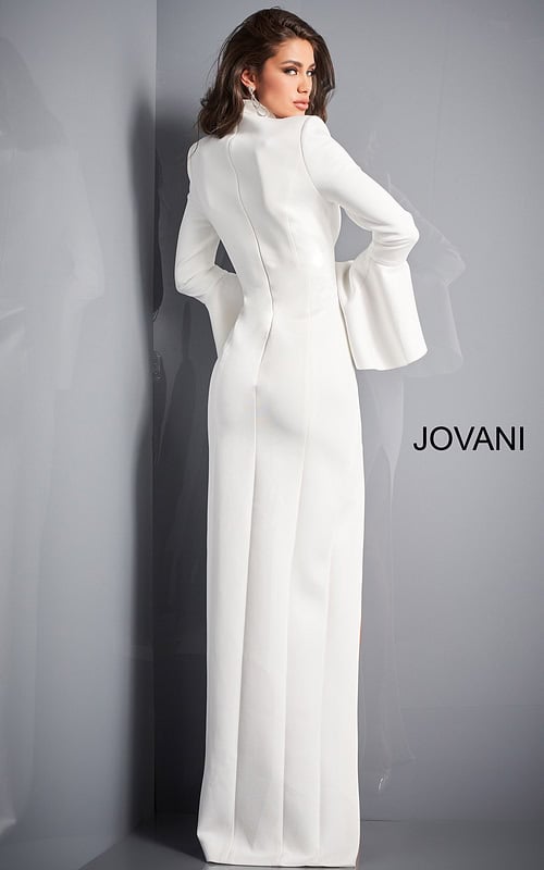 Back view of model in Jovani 04240 white gown with fitted silhouette.