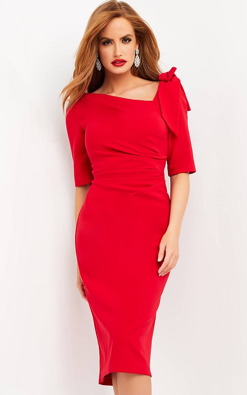 Model wearing Jovani 04281 Red Short Sleeve Knee Length Dress