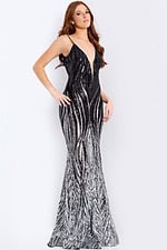 Floor length black silver evening dress 49316