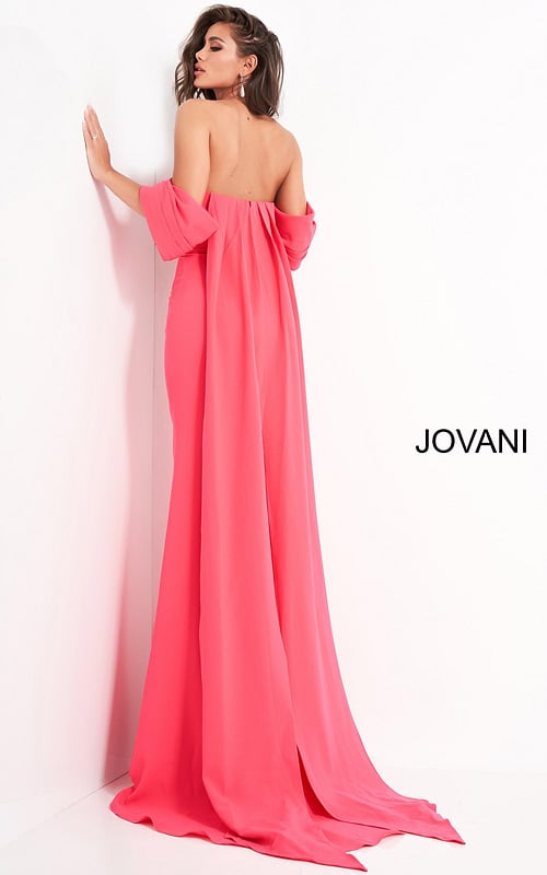 Back view of model wearing Jovani 04350 red gown featuring off-the-shoulder sleeves.