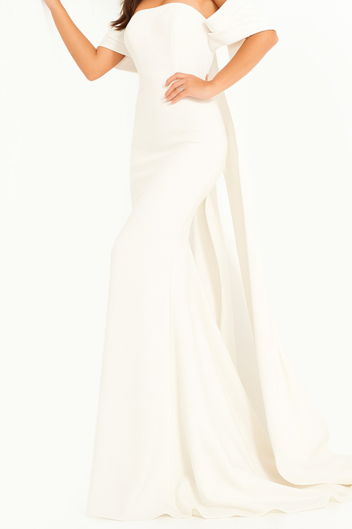 Jovani 04350 Lipstick Off the Shoulder Crepe Evening Dress - Jovani