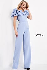 model wearing Jovani 04369 light blue jumpsuit with dramatic ruffled off-shoulder neckline