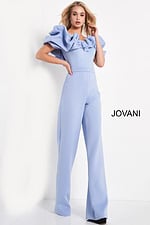 model in Jovani 04369 light blue jumpsuit with structured bodice and ruffled neckline