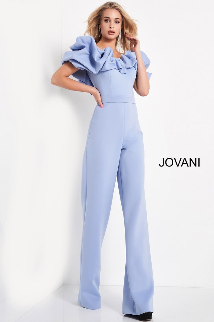 Jovani 04369 Light Blue Off the Shoulder Scuba Jumspuit | Jovani